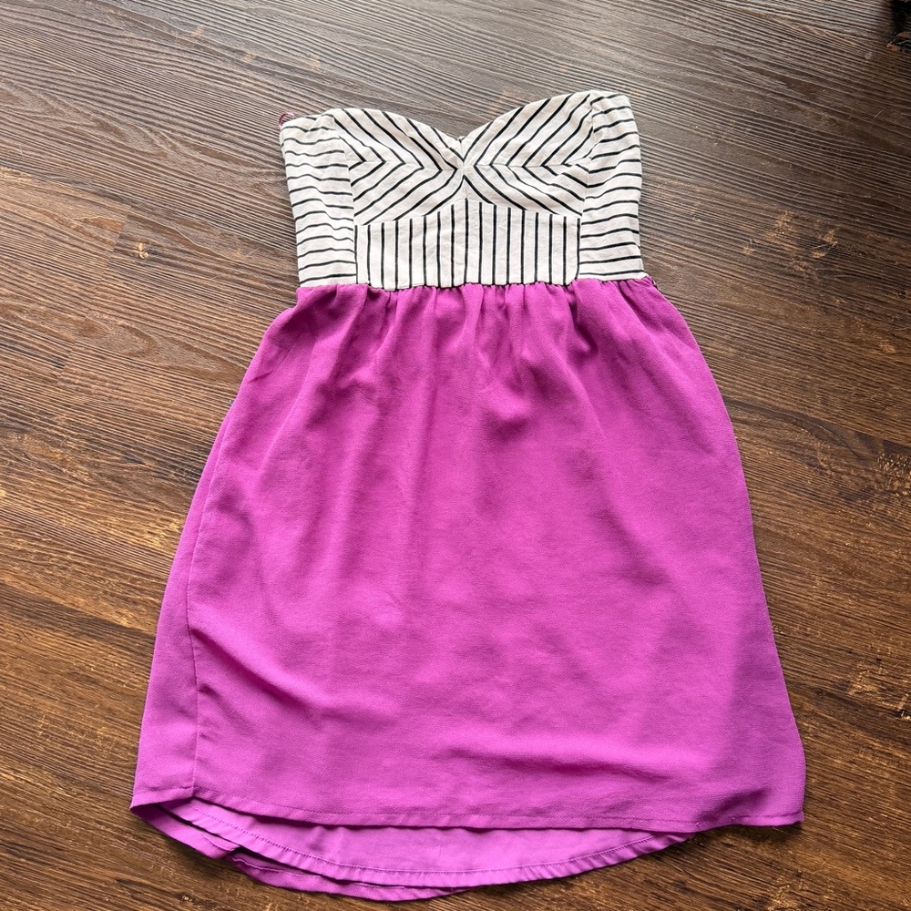 Roxy Strapless Smocked Dress Black & White Stripe Bodice with Purple Skirt L